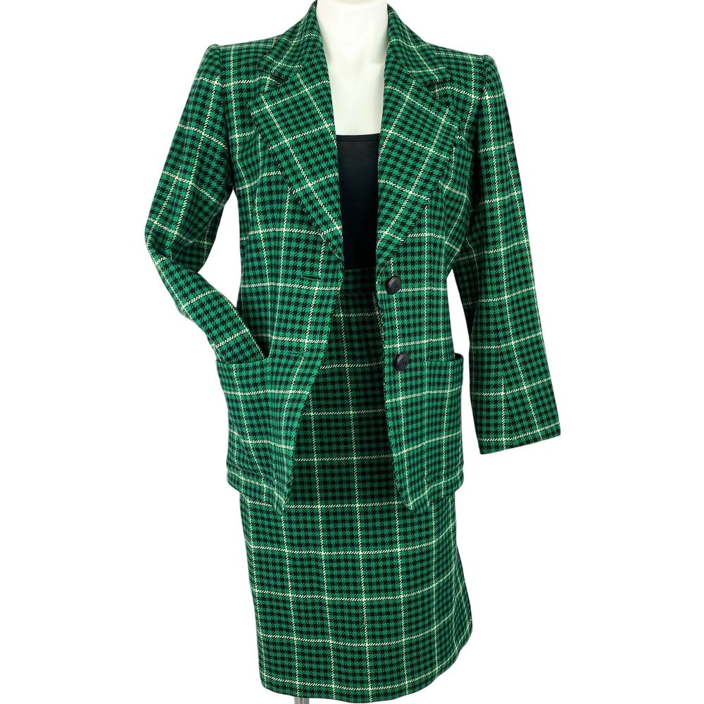 VINTAGE YSL Yves Saint Laurent Rive Gauche Green Plaid Wool Skirt Set FR 38 XS - Picture 2 of 15